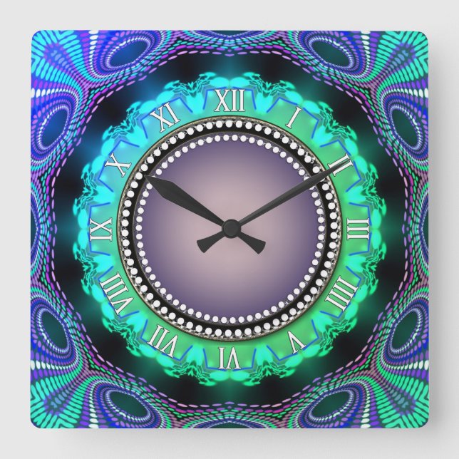 Relógio Quadrado Horário de Groovy Aqua Green Wall Clock (Frente)
