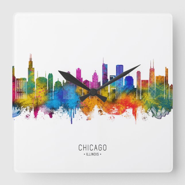 Relógio Quadrado Horizonte de Chicago Illinois (Frente)