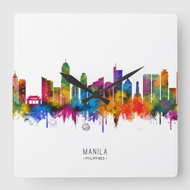 Relógio Quadrado Horizonte de Manila Filipinas (Frente)