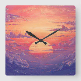 Relógio Quadrado Horizonte do Sol - Estilo de Ilustração Vibrante e