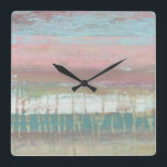 Relógio Quadrado Horizonte Duvido<br><div class="desc">Dusted Horizon I por Jennifer Goldberger. Apresenta linhas horizontais de várias cores,  de rosa a ouro.</div>