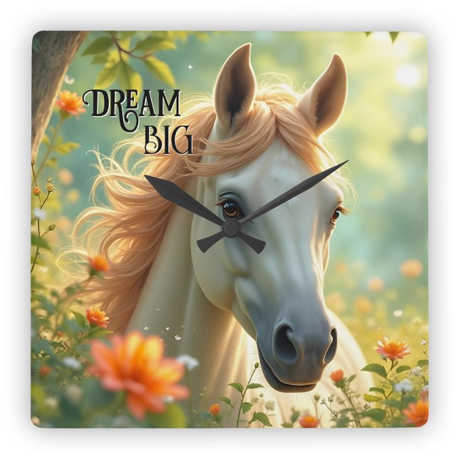 Relógio Quadrado Horse de Verão de Dream Horse (Wall clock featuring a pretty painting of a dreamy horse in a summer scene)