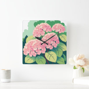 Relógio Quadrado Hortênsia Rosa Floral Botânica