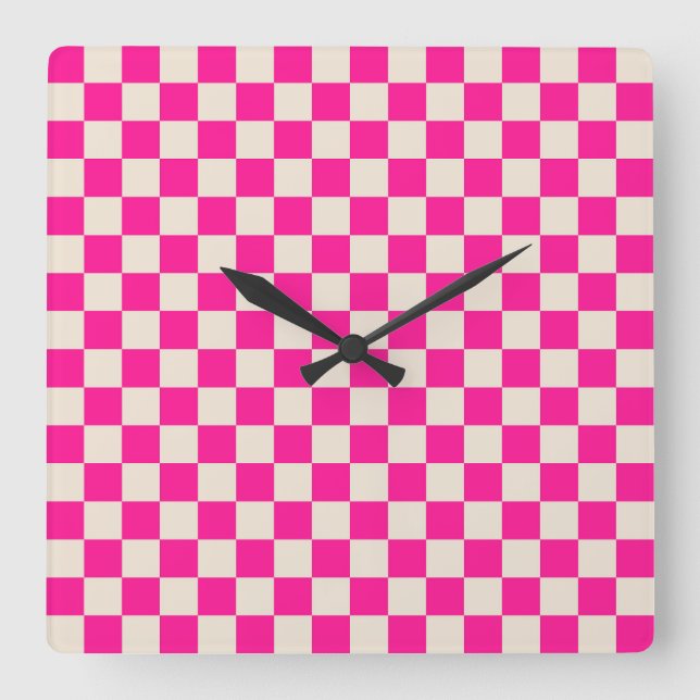 Relógio Quadrado Hot pink and tan checkerboard pattern (Frente)