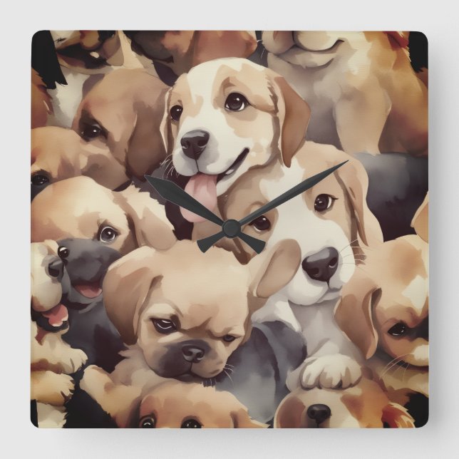 Relógio Quadrado How many brown puppies (Frente)