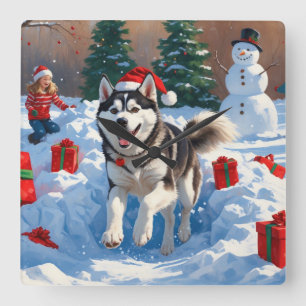 Relógio Quadrado Husky Siberiano Correndo na Neve com Chapéu de Nat