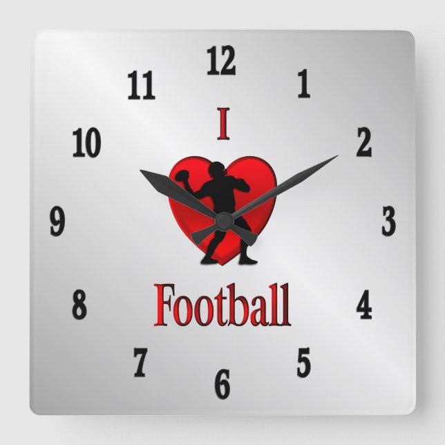 Relógio Quadrado I Heart Football Black Numbers (Frente)