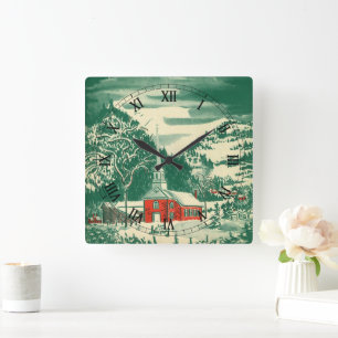 Relógio Quadrado Igreja de Natais vintages, Paisagem de neve no inv