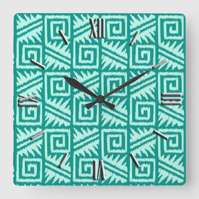 Relógio Quadrado Ikat Aztec Pattern - Turquoise e Aqua (Frente)