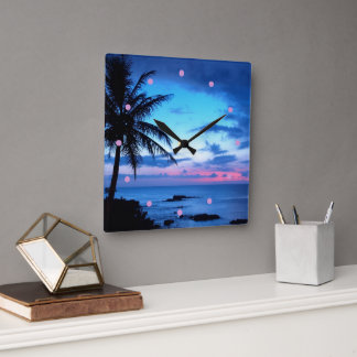 Relógio Quadrado Ilha Tropical Beach Ocean Blue Sunset Photo