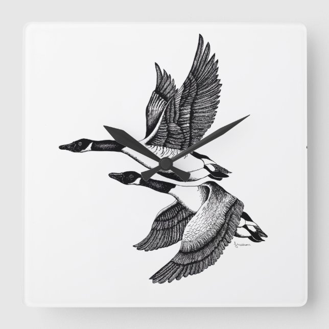 Relógio Quadrado Ilustração a preto e branco do Canadá Ganso (Frente)