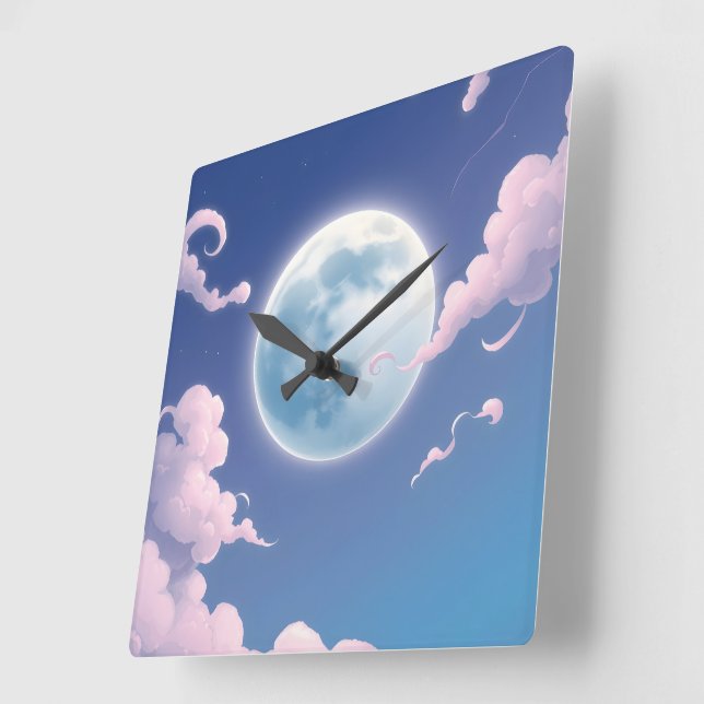 Relógio Quadrado Ilustração caprichosa e fofa da lua no céu noturno (Ângulo)