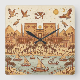 Relógio Quadrado Ilustração da Cidade Boho Antigo Egito-Terracota
