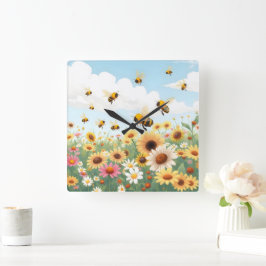 Relógio Quadrado Ilustração de abelhas e flores fofas