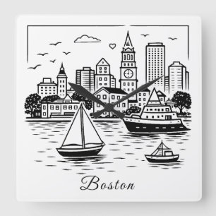 Relógio Quadrado Ilustração de Boston em linha preta