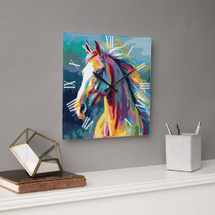 Relógio Quadrado Ilustração de cabeça de cavalo em aquarela