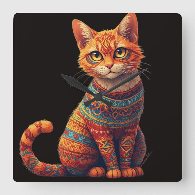 Relógio Quadrado Ilustração de Gato com Padrões Fofos em Estilo de  (Frente)