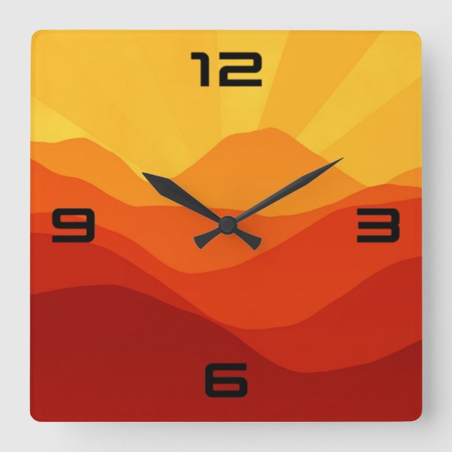 Relógio Quadrado Ilustração de Montanhas Sunset-15662 (Frente)