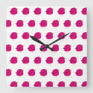 Relógio Quadrado Ilustração de Passarinho Rosa Fofo