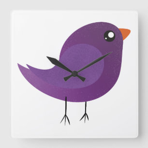 Relógio Quadrado Ilustração de Pequeno Pássaro Roxo Fofo