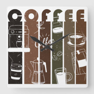 Relógio Quadrado Ilustração de Tipografia de Café Vintage Desenhada