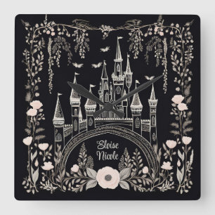 Relógio Quadrado Ilustração do Castelo de Fairytale Negro e Branco