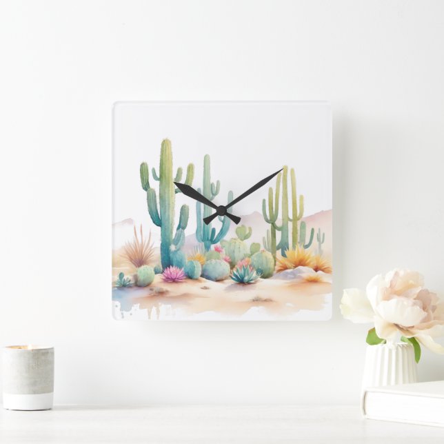 Relógio Quadrado Ilustração do Deserto de Aquarela (Lar)