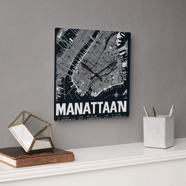 Relógio Quadrado Ilustração do Mapa de Manhattan (Escritório)
