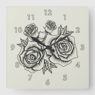 Relógio Quadrado Ilustração Floral Vintage de uma Flor Rosa