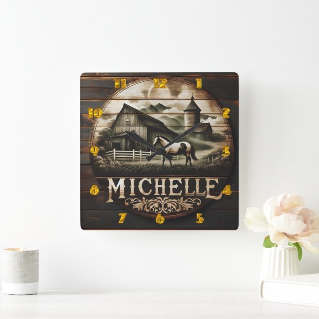 Relógio Quadrado Ilustração Rústica de Barão e Cavalo em Crepúsculo (Lar)