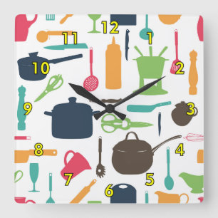 Relógio Quadrado Ilustração Silhuette das Ferramentas da Cozinha Ge