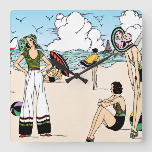 Relógio Quadrado Ilustração Vintage Art Deco da Praia Anos 20 Costa