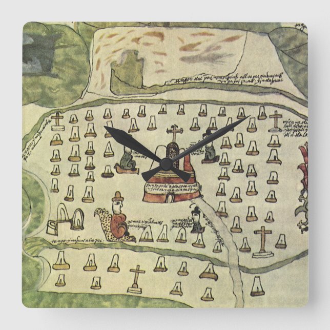 Relógio Quadrado Império Azteca de Montezuma, Mapa Mundial Antigo,  (Frente)