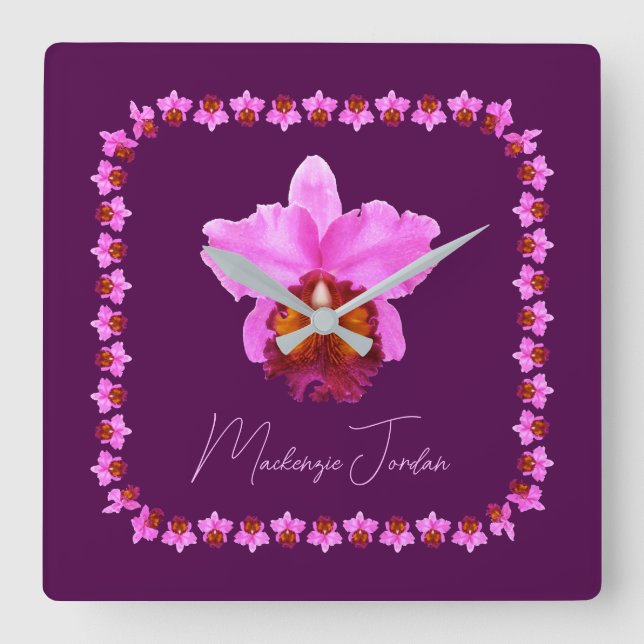 Relógio Quadrado Impressão da Orquídea Cattleya Personalizada (Frente)