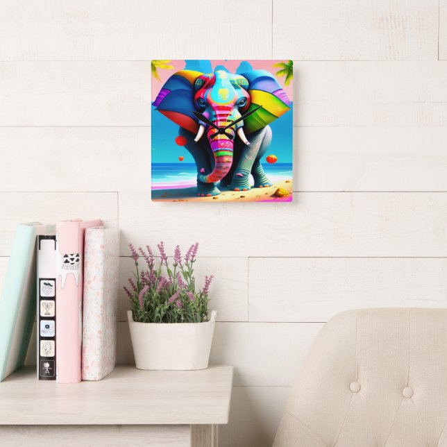 Relógio Quadrado Impressão de Elefante Arco-Íris Funky e Reprodutiv (Sala de leitura)