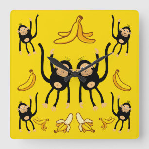 Relógio Quadrado Impressão de Macaco Fofo e Banana