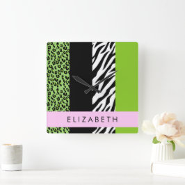 Relógio Quadrado Impressão Leopardo, Impressão Zebra, Verde, Seu No