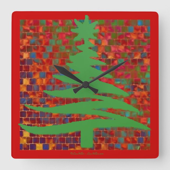 Relógio Quadrado Impressão Verde de Estêncil de Árvore de Natal Mod (Frente)