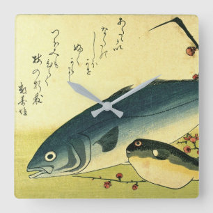 Relógio Quadrado Inada e Fugu - Squ de Peixe Japonês de Hiroshige