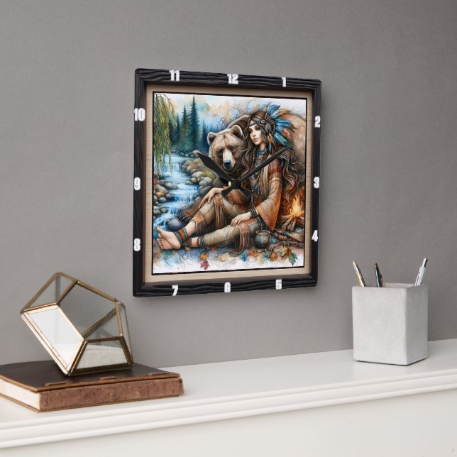 Relógio Quadrado Incêndio do Urso Indígena (Escritório)