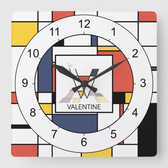 Relógio Quadrado Incrível Neoplasticismo Monograma de Arte. Letra V (Frente)