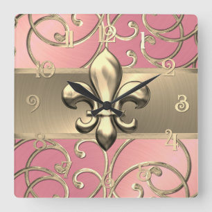 Relógio Quadrado Infiltrações cor-de-rosa e Douradas Fleur de Lis