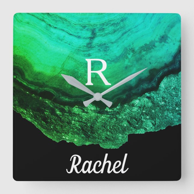Relógio Quadrado Iniciais do Monograma de Agate Geode Nome Modelo V (Frente)