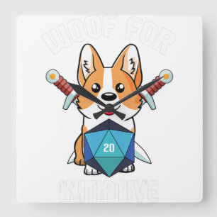 Relógio Quadrado Iniciativa Woof Funny Corgi Dog D20 Rpg Gamer Gif