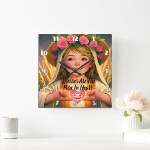 Relógio Quadrado Inocência Captada: Menina Tendento Segurando H