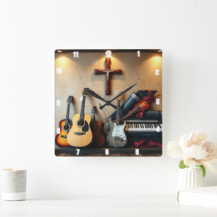 Relógio Quadrado Instrumentos Musicais Atravessam Guitarras Elétric