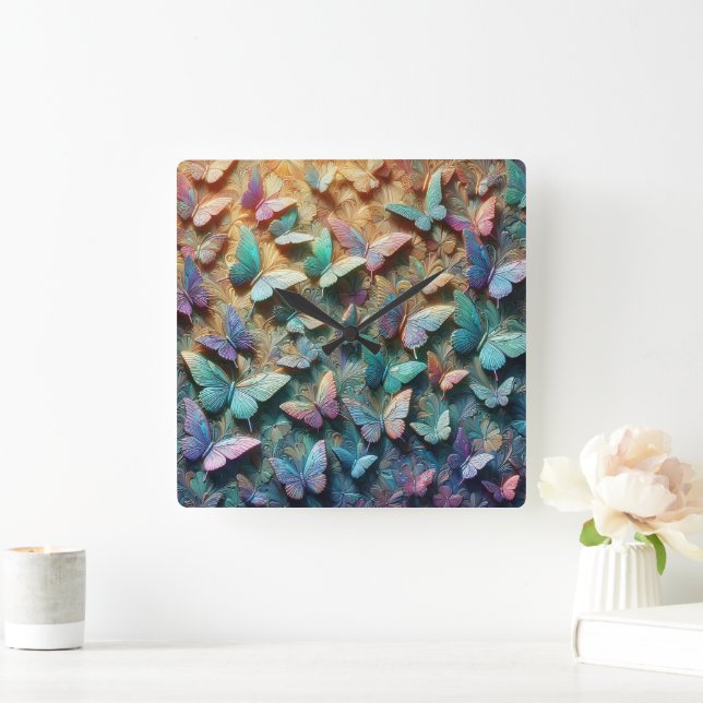 Relógio Quadrado Iridescent Butterfly Garden Mousepad (Lar)