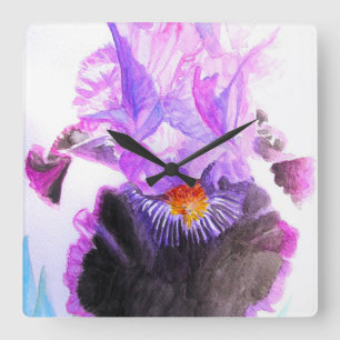 Relógio Quadrado Íris Roxa Flor de Aquarela Floral de Aniversário