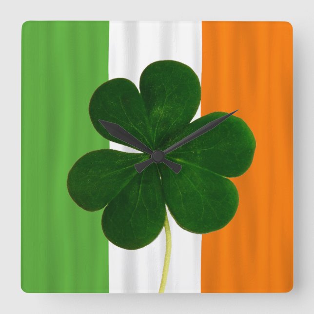 Relógio Quadrado Irish Flag Ireland Shamrock Clover Irlanda (Frente)