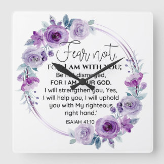 Relógio Quadrado Isaiah 41:10 Medo não Escritura Floral Roxa